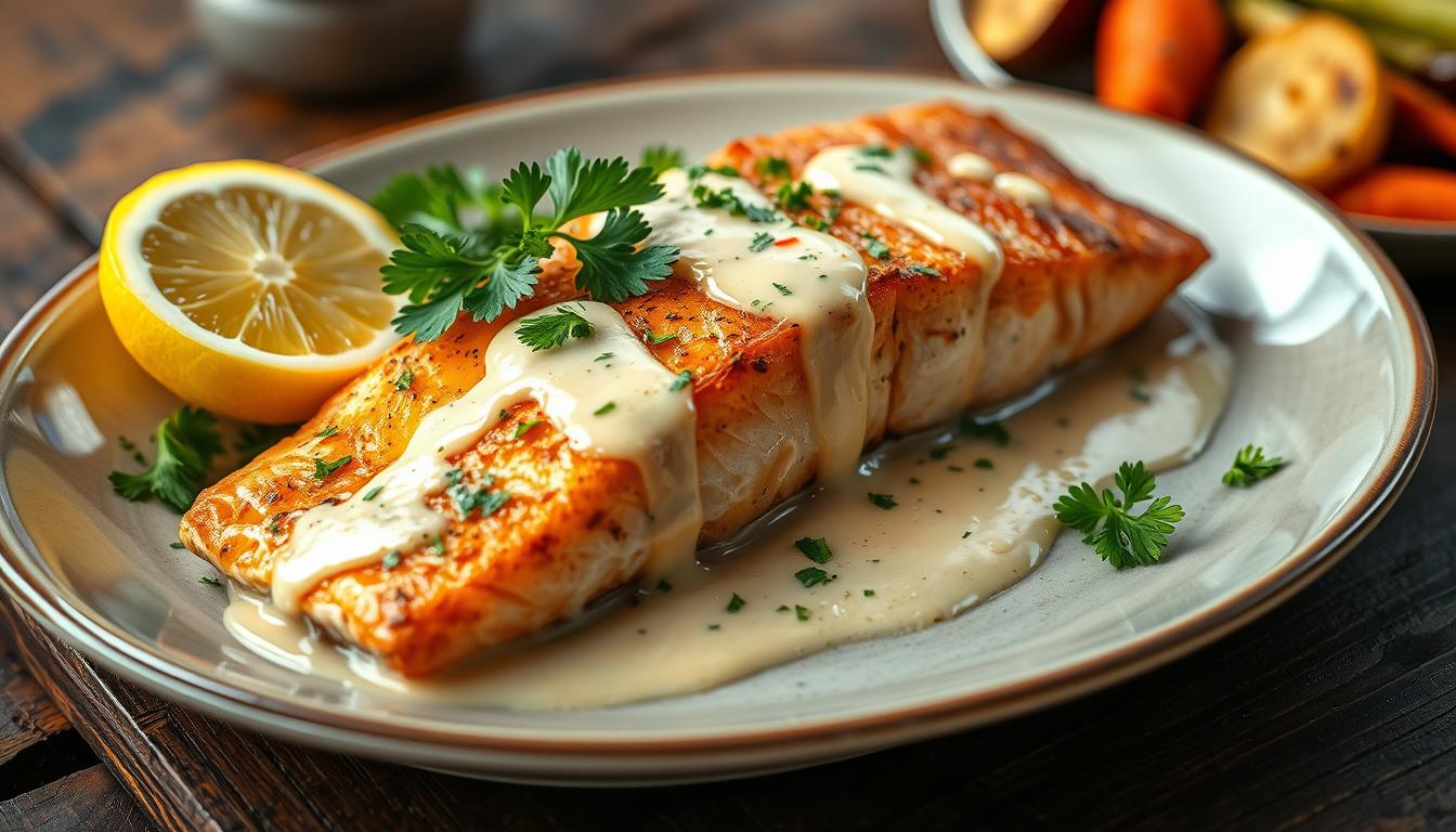 Baked Salmon with Creamy Lemon Garlic Sauce