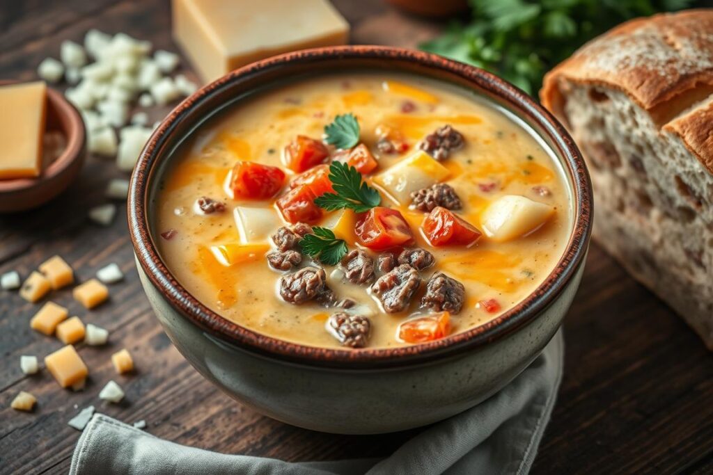 Cheeseburger Soup in a Bowl