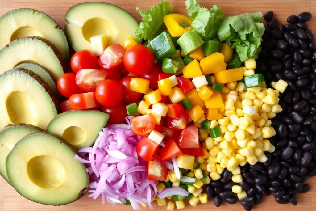 Colorful vegetable toppings for a Southwest salad