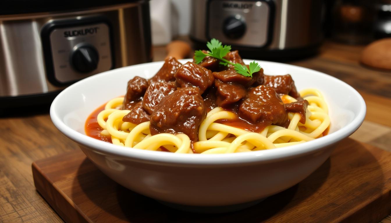 Crockpot Beef Tips & Noodles