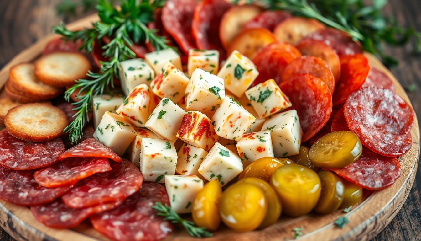 Easy Marinated Cheese Appetizer with Salami & Pickles