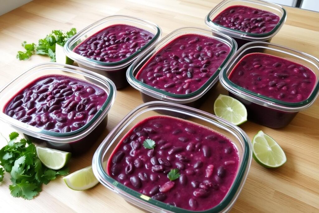 Meal prep containers with purple black bean soup