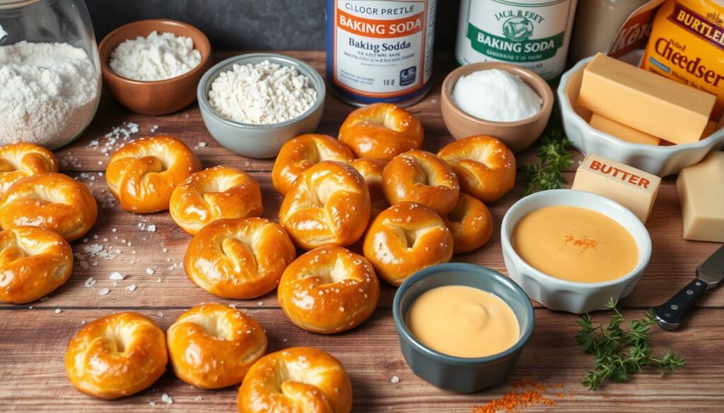 Soft pretzels and cheese sauce ingredients