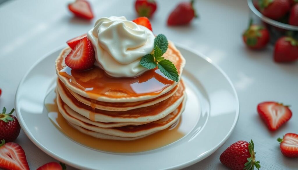 Strawberry pancakes with vanilla cream