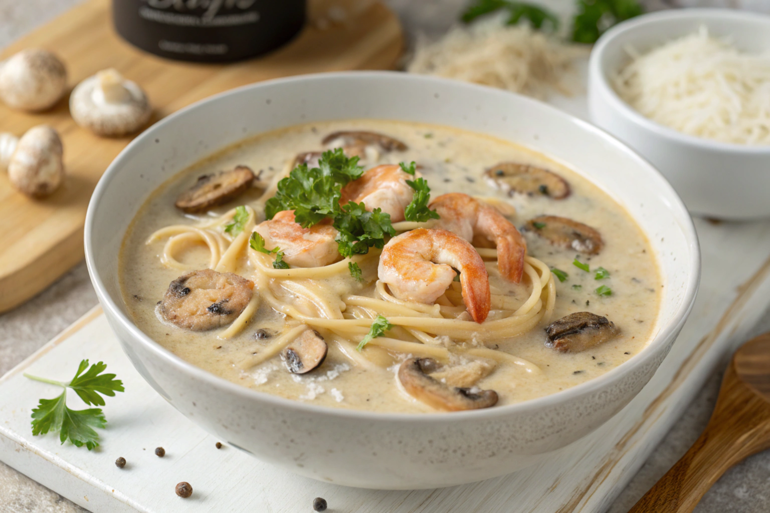 Cream of Mushroom Soup with Shrimp and Noodles