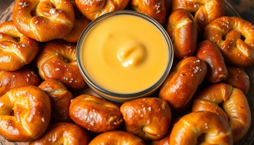 homemade pretzel bites with cheddar cheese sauce