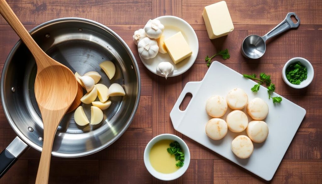 kitchen tools for garlic butter seared scallops