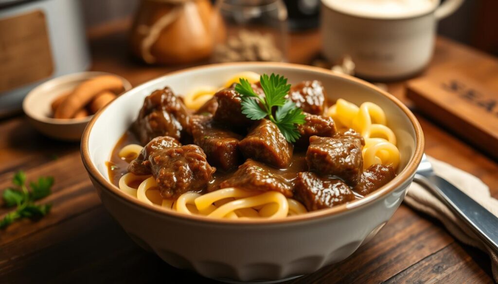 slow cooker beef tips and noodles