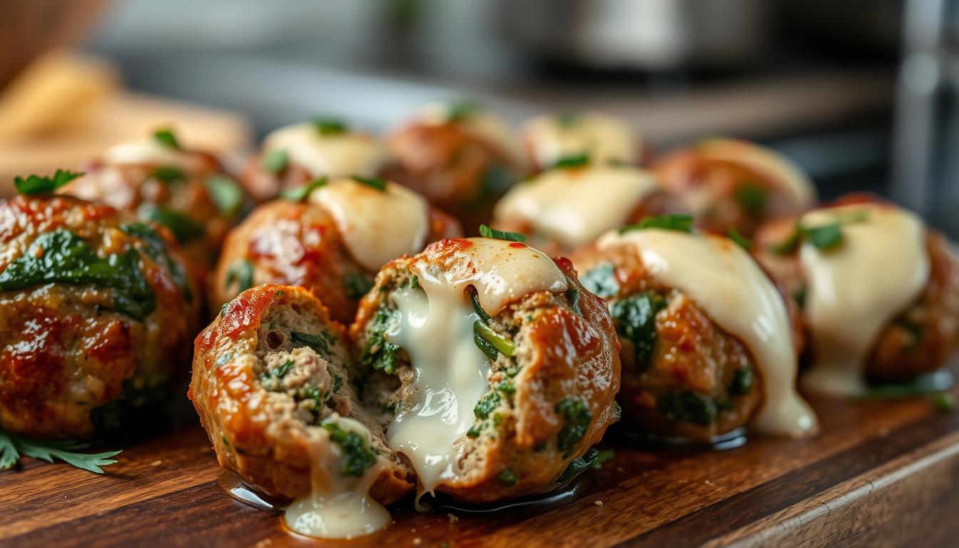 spinach garlic meatballs stuffed with mozzarella